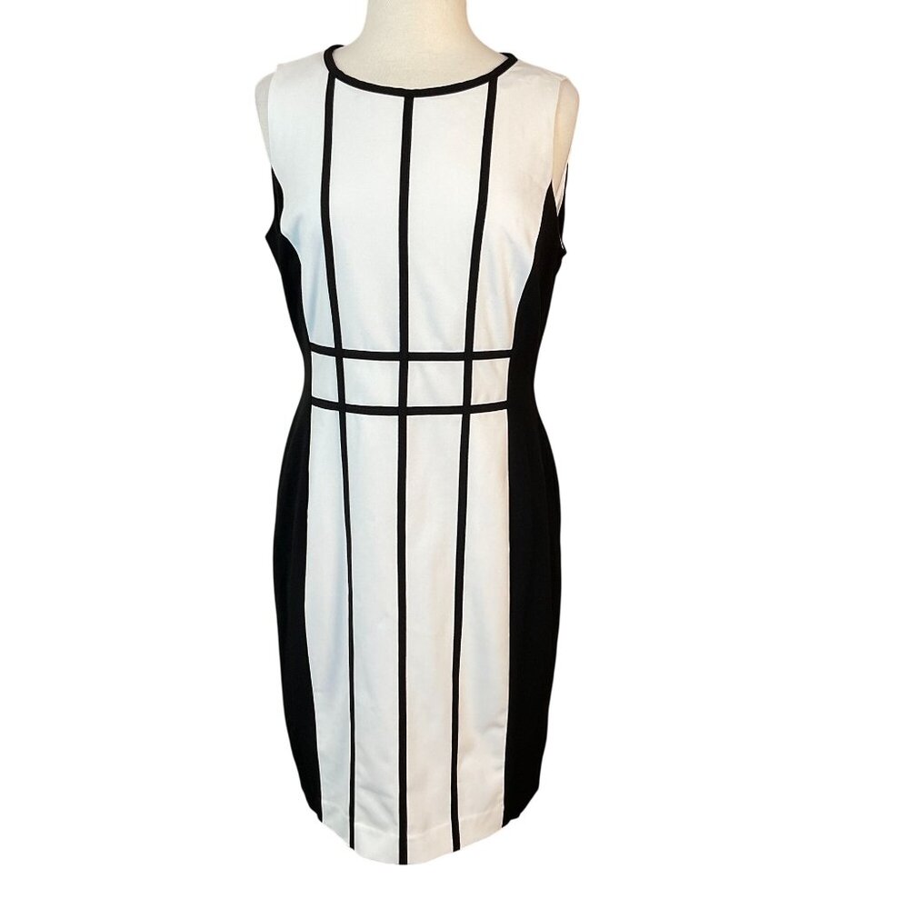Calvin Klein Black White Colorblock Grid Pattern Sleeveless Sheath Dress 12 NWT